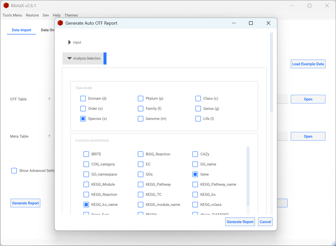 Generate Auto OTF Report dialog
